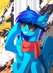 Size: 2000x2731 | Tagged: safe, artist:redchetgreen, oc, oc only, oc:skyshade blue, pegasus, pony, clothes, high res, pegasus oc, scarf, sitting, smiling, solo, sunglasses