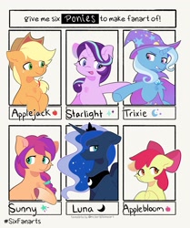 Size: 1715x2048 | Tagged: safe, artist:tater, apple bloom, applejack, princess luna, starlight glimmer, sunny starscout, trixie, alicorn, earth pony, pony, unicorn, g4, g5, cape, clothes, female, filly, foal, hat, mare, six fanarts, trixie's cape, trixie's hat