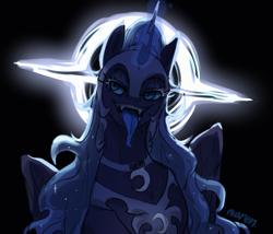 Size: 1943x1660 | Tagged: safe, artist:maren, nightmare moon, alicorn, pony, g4, alternate design, alternate universe, black background, black hole, crown, fangs, glowing, glowing horn, horn, jewelry, long tongue, regalia, simple background, tongue out