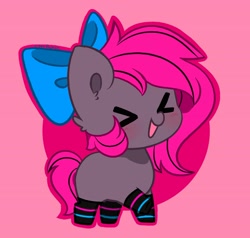 Size: 3536x3363 | Tagged: safe, artist:kittyrosie, oc, oc only, earth pony, pony, ><, abstract background, bandana, blushing, bow, chibi, clothes, cute, earth pony oc, eyes closed, hair bow, high res, ocbetes, open mouth, simple background, socks, solo, striped socks