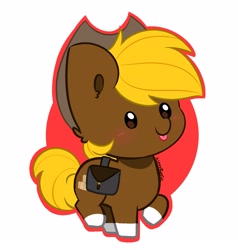 Size: 2653x2785 | Tagged: safe, artist:kittyrosie, oc, oc only, earth pony, pony, :p, abstract background, bag, blushing, chibi, coat markings, cowboy hat, cute, earth pony oc, hat, high res, ocbetes, saddle bag, simple background, socks (coat markings), solo, tongue out