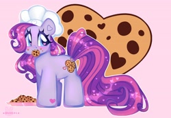 Size: 4096x2824 | Tagged: safe, artist:bunxl, chocolate chipper, earth pony, pony, g3, anime style, baker, blue eyes, chef's hat, chocolate chip cookie, chubby, cookie, crumbs, cute, eating, eyelashes, female, food, food on face, g3betes, hat, heart, heart eyes, mare, multicolored mane, pink background, pink mane, plate, purple coat, purple mane, short, simple background, solo, wingding eyes