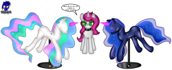 Size: 9414x3834 | Tagged: safe, artist:damlanil, princess celestia, princess luna, oc, oc:peony, alicorn, pony, unicorn, g4, absurd resolution, bondage, clothes, collar, crystal horn, encasement, fake horn, female, horn, i have no mouth and i must scream, inanimate tf, latex, link in description, magic, magic aura, mannequin, mannequin tf, mare, muffled words, no mouth, objectification, pedestal, petrification, ponyquin, rubber, shiny, show accurate, simple background, smiling, smirk, speech bubble, story in the source, transformation, transparent background, vector