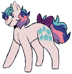 Size: 1056x1081 | Tagged: safe, artist:katkitters, gingerbread, earth pony, pony, g1, bow, female, happy, multicolored eyes, multicolored mane, short hair, short mane, short tail, simple background, solo, tail, tail bow, transparent background