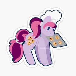 Size: 600x600 | Tagged: safe, artist:katkitters, chocolate chipper, earth pony, pony, baker, baking sheet, border, chef's hat, chibi, chocolate chip cookie, cookie, cute, food, hat, pink mane, ponytail, simple background, solo, sticker, white background