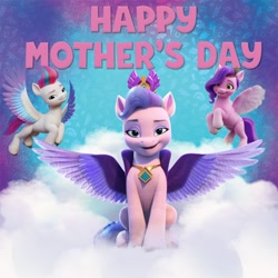 Size: 1080x1080 | Tagged: safe, pipp petals, queen haven, zipp storm, pegasus, pony, g5, my little pony: a new generation, official, abstract background, cloud, family, female, flying, looking at you, mare, mother's day, open mouth, open smile, royal sisters (g5), siblings, sisters, sitting, smiling, smiling at you, spread wings, text, trio, wings