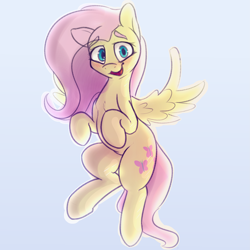 Size: 2853x2853 | Tagged: safe, artist:newpone, fluttershy, pegasus, pony, g4, blushing, eyebrows, eyebrows visible through hair, female, flying, full body, gray background, high res, looking at you, mare, open mouth, simple background, solo, spread wings, wings