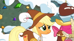 Size: 640x360 | Tagged: safe, screencap, applejack, chancellor puddinghead, pinkie pie, smart cookie, earth pony, pony, g4, hearth's warming eve (episode), season 2, animated, annoyed, applejack is not amused, duo, female, gif, gifs.com, map, mare, pinkie being pinkie, snow, unamused, walking
