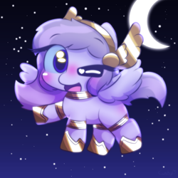 Size: 2000x2000 | Tagged: safe, artist:cushyhoof, oc, oc only, oc:athena (shawn keller), pegasus, pony, guardians of pondonia, butt blush, chibi, cute, female, flying, high res, looking at you, mare, night, open mouth, pegasus oc, solo, spread wings, wings