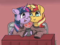Size: 1200x900 | Tagged: safe, artist:twiliset, sunset shimmer, twilight sparkle, alicorn, pony, unicorn, equestria girls, g4, chair, cheek nuzzle, cheek to cheek, clothes, cup, cute, female, heart, lesbian, looking at each other, nuzzling, ship:sunsetsparkle, shipping, smiling, smiling at each other, sweater, table, touching face, twilight sparkle (alicorn), wood