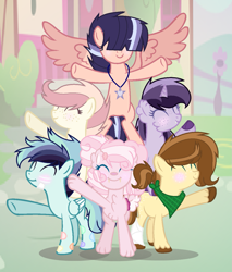 Size: 1093x1285 | Tagged: safe, artist:teafor2-d, oc, oc only, oc:clarity, oc:cotton cloud, oc:johnie apple, oc:liliana, oc:sirius sentry, oc:sky bolt, dracony, earth pony, hybrid, pegasus, pony, unicorn, bandage, bandaid, base used, blushing, chest fluff, colored hooves, colored wings, colored wingtips, draconequus hybrid, dracony oc, ear fluff, earth pony oc, eyes closed, fangs, female, folded wings, freckles, hair over eyes, interspecies offspring, jewelry, mare, neckerchief, necklace, next generation, offspring, parent:applejack, parent:bulk biceps, parent:caramel, parent:discord, parent:flash sentry, parent:fluttershy, parent:pinkie pie, parent:rainbow dash, parent:rarity, parent:soarin', parent:spike, parent:twilight sparkle, parents:carajack, parents:discopie, parents:flashlight, parents:flutterbulk, parents:soarindash, parents:sparity, pegasus oc, ponytail, raised hoof, smiling, spread wings, stack, unshorn fetlocks, wings