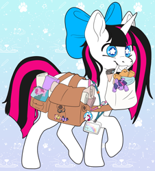 Size: 3708x4096 | Tagged: safe, artist:cutepencilcase, fluttershy, pinkie pie, twilight sparkle, oc, pony, unicorn, g4, badge, bag, bow, hair bow, happy, mouth hold, plushie, saddle bag, scroll, smiling, solo, starry eyes, walking, wingding eyes