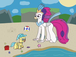 Size: 3264x2448 | Tagged: safe, artist:supahdonarudo, princess skystar, queen novo, classical hippogriff, hippogriff, starfish, my little pony: the movie, beach, beach ball, bucket, cloud, cute, female, fledgeling, jewelry, mother and child, mother and daughter, mother's day, necklace, ocean, sand, sandcastle, shell, skyabetes, sponge, sun, water, younger