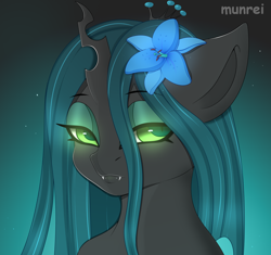Size: 1686x1583 | Tagged: source needed, safe, artist:munrei, queen chrysalis, changeling, changeling queen, canterlot wedding 10th anniversary, g4, bust, crown, fangs, female, flower, glowing, glowing eyes, green eyes, horn, jewelry, portrait, regalia, simple background, solo