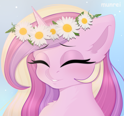 Size: 1686x1583 | Tagged: safe, artist:munrei, princess cadance, canterlot wedding 10th anniversary, g4, blushing, bust, eyes closed, floral head wreath, flower, horn, portrait, simple background, smiling