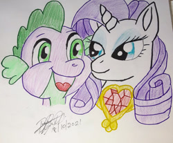 Size: 795x657 | Tagged: safe, artist:creativejoy79, rarity, spike, g4, female, male, ship:sparity, shipping, straight, traditional art