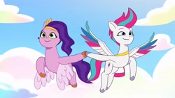 Size: 1920x1080 | Tagged: safe, screencap, pipp petals, zipp storm, pegasus, pony, g5, my little pony: tell your tale, sisters take flight, spoiler:g5, spoiler:my little pony: tell your tale, spoiler:tyts01e03, cloud, concave belly, duo, female, flying, hooves together, mare, physique difference, siblings, sisters, sky background, slender, thin