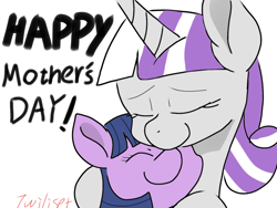 Size: 1200x900 | Tagged: safe, artist:twiliset, twilight sparkle, twilight velvet, alicorn, pony, unicorn, g4, eyes closed, female, happy, hug, mare, mother and child, mother and daughter, mother's day, nuzzling, smiling, twilight sparkle (alicorn)