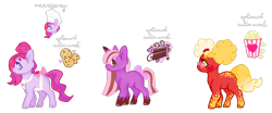 Size: 2000x831 | Tagged: safe, artist:adopdee, artist:vernorexia, butter pop (g3), chocolate chipper, chocolate delight (g3), oc, earth pony, food pony, pony, unicorn, g3, adoptable, adoptable open, afro, afro puffs, apron, auction, body markings, bow, cake, candy, chef's hat, clothes, colored hooves, cookie, dessert, eyeshadow, food, freckles, glasses, hair bun, half updo, hat, makeup, markings, ponified, popcorn, redesign, simple background, spots, spotted, straight mane, sunglasses, tail, tail bow, transparent background, trio