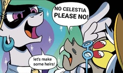 Size: 584x346 | Tagged: safe, edit, idw, discord, princess celestia, g4, spoiler:comic, spoiler:comicff20, female, hat, imminent sex, implied sex, male, mare, ship:dislestia, shipping, straight, this will end in babies