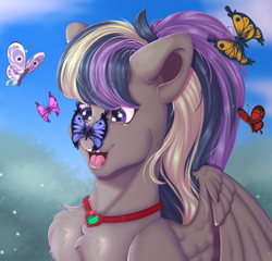 Size: 4268x4094 | Tagged: safe, artist:creed larsen, oc, oc:frozen night, butterfly, pegasus, pony, bust, commission, medallion, portrait, smiling, solo, wings, ych result
