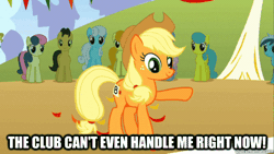 Size: 500x281 | Tagged: safe, edit, edited screencap, screencap, applejack, bon bon, carrot top, cherry cola, cherry fizzy, golden harvest, lemon hearts, linky, minuette, ponet, rainbowshine, shoeshine, sweetie drops, earth pony, pony, fall weather friends, g4, season 1, animated, applejack's hat, caption, cowboy hat, female, flo rida, gif, hat, image macro, male, mare, stallion, text, the club can't even handle me right now