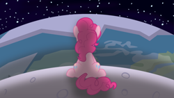 Size: 768x432 | Tagged: safe, artist:tolerance, pinkie pie, earth pony, pony, g4, earth, female, mare, moon, pink side of the moon, rear view, sitting, solo, space