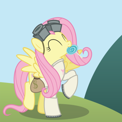 Size: 768x768 | Tagged: safe, artist:giantmosquito, artist:tolerance, fluttershy, pegasus, pony, g4, bag, candy, clothes, cute, dr adorable, female, food, goggles, goggles on head, lollipop, money bag, mouth hold, solo, style emulation