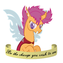 Size: 768x768 | Tagged: safe, artist:tolerance, scootaloo, changeling, g4, changelingified, scootaling, simple background, solo, species swap, text, transparent background
