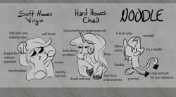 Size: 1280x706 | Tagged: safe, artist:crowneprince, earth pony, pony, unicorn, g4, blushing, dot eyes, ear fluff, female, grayscale, hooves, hooves debate, lidded eyes, mare, monochrome, noodle arms, open mouth, smiling, trio