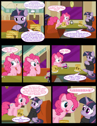 Size: 1042x1358 | Tagged: safe, artist:dendoctor, mean twilight sparkle, pinkie pie, alicorn, earth pony, pony, comic:clone.., g4, alternate universe, bandage, clone, clothes, comic, diner, female, food, fork, pancakes, pepper, pinkie clone, plate, salt, taffy, twilight sparkle (alicorn)