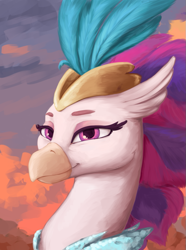 Size: 675x909 | Tagged: safe, artist:kelkessel, queen novo, classical hippogriff, hippogriff, equestria at war mod, g4, my little pony: the movie, bust, cloud, crown, feather, female, hair, jewelry, lidded eyes, monarch, pink eyes, portrait, regalia, royalty, sky, smiling, solo