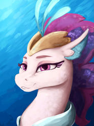 Size: 675x909 | Tagged: safe, artist:kelkessel, queen novo, sea pony, seapony (g4), equestria at war mod, g4, my little pony: the movie, blue background, bubble, bust, collar, crown, eyelashes, female, hair, jewelry, mare, monarch, ocean, pink eyes, portrait, regalia, royalty, simple background, smiling, sunlight, teeth, underwater, water