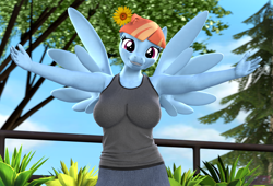 Size: 3173x2160 | Tagged: safe, artist:antonsfms, windy whistles, pegasus, anthro, g4, 3d, clothes, female, flower, flower in hair, happy, high res, hug, inviting, jeans, looking at you, makeup, mother, mother's day, open arms, outdoors, pants, smiling, smiling at you, solo, spread wings, tank top, wings