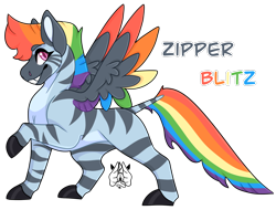 Size: 1604x1222 | Tagged: safe, artist:poppln, oc, oc only, hybrid, zebrasus, zony, colored hooves, grin, magical lesbian spawn, multicolored hair, offspring, parent:rainbow dash, parent:zecora, parents:raincora, rainbow hair, simple background, smiling, solo, transparent background