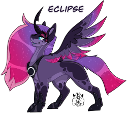 Size: 1636x1456 | Tagged: safe, artist:poppln, oc, oc only, oc:eclipse, alicorn, pony, alicorn oc, curved horn, ethereal mane, female, horn, magical lesbian spawn, mare, offspring, parent:princess luna, parent:tempest shadow, parents:tempestluna, peytral, simple background, smiling, solo, starry mane, transparent background, wings