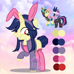 Size: 1280x1281 | Tagged: safe, artist:shiee-artopia223, fluttershy, twilight sparkle, pony, unicorn, g4, base used, bunny ears, clothes, costume, dangerous mission outfit, eyelashes, eyepatch, female, fusion, future twilight, goggles, grin, hoodie, mare, smiling, socks, unicorn twilight