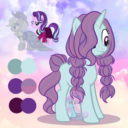 Size: 1280x1280 | Tagged: safe, artist:shiee-artopia223, applejack, spirit of hearth's warming past, starlight glimmer, oc, earth pony, ghost, pony, undead, unicorn, g4, base used, braid, eyelashes, female, freckles, frown, full body, fusion, hair over one eye, hooves, horn, mare, shadow, show accurate, smiling, standing, tail, unicorn oc, watermark
