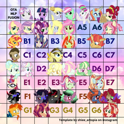 Size: 1080x1080 | Tagged: safe, artist:shiee-artopia223, blossomforth, cherry jubilee, derpy hooves, doctor whooves, fluttershy, king sombra, minty, moondancer, sassy saddles, sunburst, sunset shimmer, sweetie belle, time turner, twilight sparkle, vapor trail, alicorn, earth pony, pegasus, pony, unicorn, g4, base used, eyelashes, female, food, fusion, male, mare, muffin, smiling, stallion, twilight sparkle (alicorn)