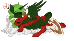 Size: 700x385 | Tagged: safe, artist:kamokpushok, oc, oc only, oc:markerlight, oc:the emissary, pegasus, pony, fallout equestria, fallout equestria: dead tree, cuddling, cute, eyepatch, female, green alicorn (fo:e), heart, male, mare, pillow, simple background, sleeping, stallion, transparent background