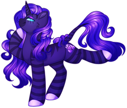 Size: 2147x1822 | Tagged: safe, artist:purplegrim40, oc, oc only, pony, unicorn, zebra, zebracorn, cheek fluff, colored hooves, colored pinnae, commission, hoof polish, horn, leonine tail, raised hoof, simple background, smiling, solo, standing on two hooves, stripes, tail, transparent background, unicorn oc, ych result