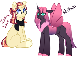 Size: 1600x1200 | Tagged: safe, artist:purplegrim40, oc, oc only, changeling, changeling queen, pony, unicorn, changeling queen oc, clothes, glasses, holeless, horn, magical lesbian spawn, offspring, parent:moondancer, parent:queen chrysalis, parent:sunburst, pink changeling, scarf, simple background, smiling, unicorn oc, white background