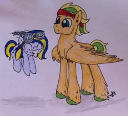 Size: 1856x1683 | Tagged: safe, artist:eclast, oc, oc:buckwheat, oc:sunbeam, earth pony, pegasus, pony, brother and sister, chest fluff, cute, duo, earth pony oc, eyes closed, female, filly, flying, foal, folded wings, goggles, grin, headband, helicopter, male, offspring, parent:applejack, parent:soarin', parents:soarinjack, pegasus oc, siblings, signature, simple background, smiling, stallion, traditional art, white background, wings