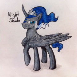 Size: 1936x1936 | Tagged: safe, artist:eclast, oc, oc only, oc:shade, alicorn, pony, alicorn oc, folded wings, horn, large wings, male, offspring, parent:king sombra, parent:princess luna, parents:lumbra, raised hoof, simple background, solo, sombra eyes, stallion, traditional art, white background, wings