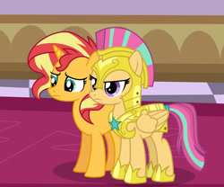 Size: 1024x853 | Tagged: safe, artist:emeraldblast63, artist:limedazzle, sour sweet, sunset shimmer, pony, comic:the tale of two sunsets, g4, equestria girls ponified, female, guardsmare, mare, ponified, royal guard