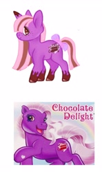 Size: 2053x3464 | Tagged: safe, artist:adopdee, artist:vernorexia, chocolate delight (g3), pony, unicorn, g3, alternate design, bow, brown eyes, brown mane, candy, chocolate, colored hooves, eyeshadow, food, freckles, generation leap, high res, makeup, markings, multicolored mane, pink mane, purple coat, redesign, solo, species swap, straight mane, tail, tail bow