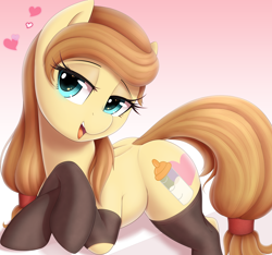 Size: 3200x3000 | Tagged: safe, alternate version, artist:thebatfang, oc, oc only, oc:cream heart, earth pony, pony, bedroom eyes, clothes, explicit source, female, heart, high res, hockless socks, looking at you, mare, open mouth, sexy, simple background, socks, solo, thigh highs