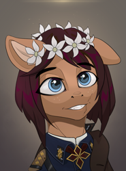 Size: 741x1000 | Tagged: safe, artist:callsign-echo, oc, oc only, oc:rouge guirlande, earth pony, equestria at war mod, blue eyes, bust, clothes, earth pony oc, female, floral head wreath, flower, flower in hair, mare, military, military uniform, one ear down, portrait, red mane, smiling, solo, uniform