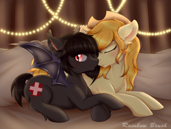 Size: 4900x3700 | Tagged: safe, artist:rainbow brush, oc, oc:blood bank, oc:golden delicious, bat pony, earth pony, pony, cowboy hat, cute, female, hat, lesbian, medic, snuggling, streets of chicolt: a totally legitimate business venture