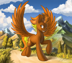 Size: 2896x2516 | Tagged: safe, artist:kaylerustone, oc, oc only, oc:windflyer, pegasus, pony, cloud, high res, hooves up, looking back, male, mountain, outdoors, scenery, smiling, solo, spread wings, stallion, wings